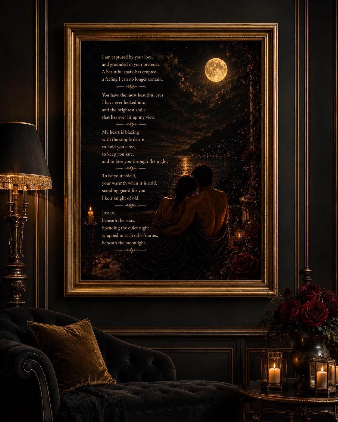 Beneath the Moonlight romantic literary artwork displayed in an antique gold frame