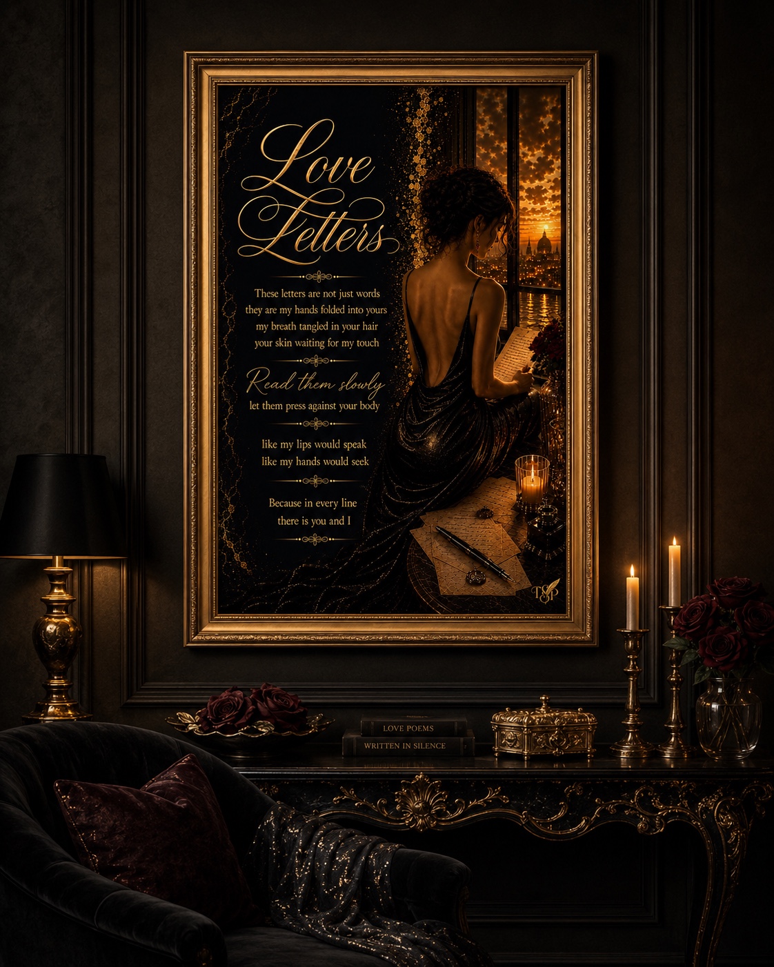 Love Letters literary artwork in black and antique gold, displayed in a candlelit interior