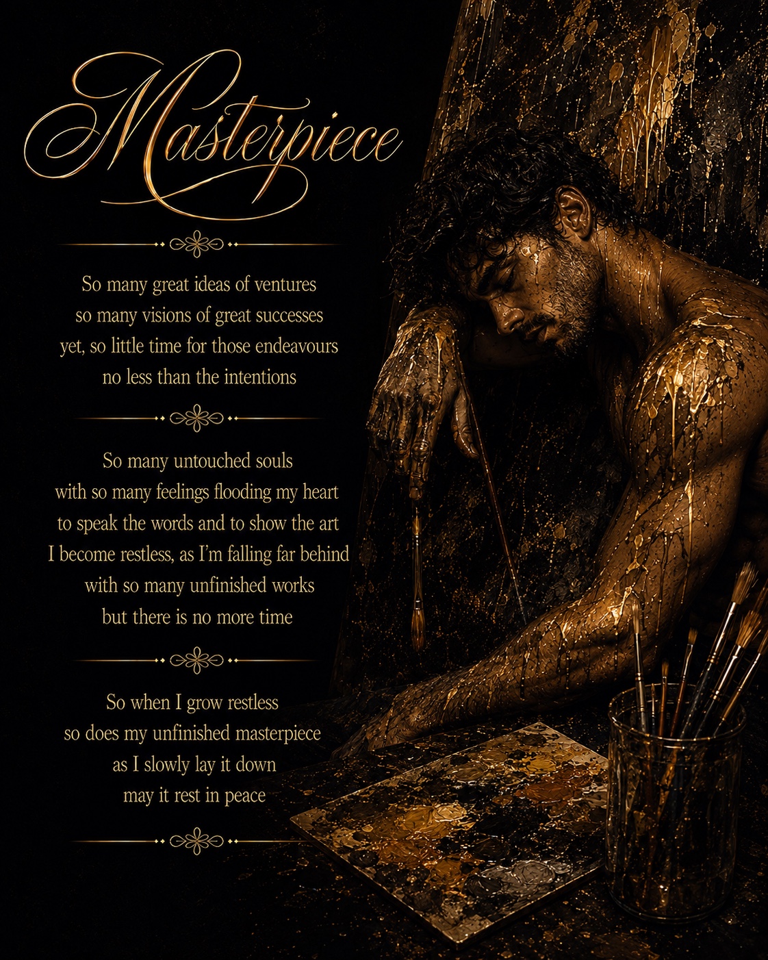 Masterpiece literary artwork with an artist, brushes and gold paint against a black setting