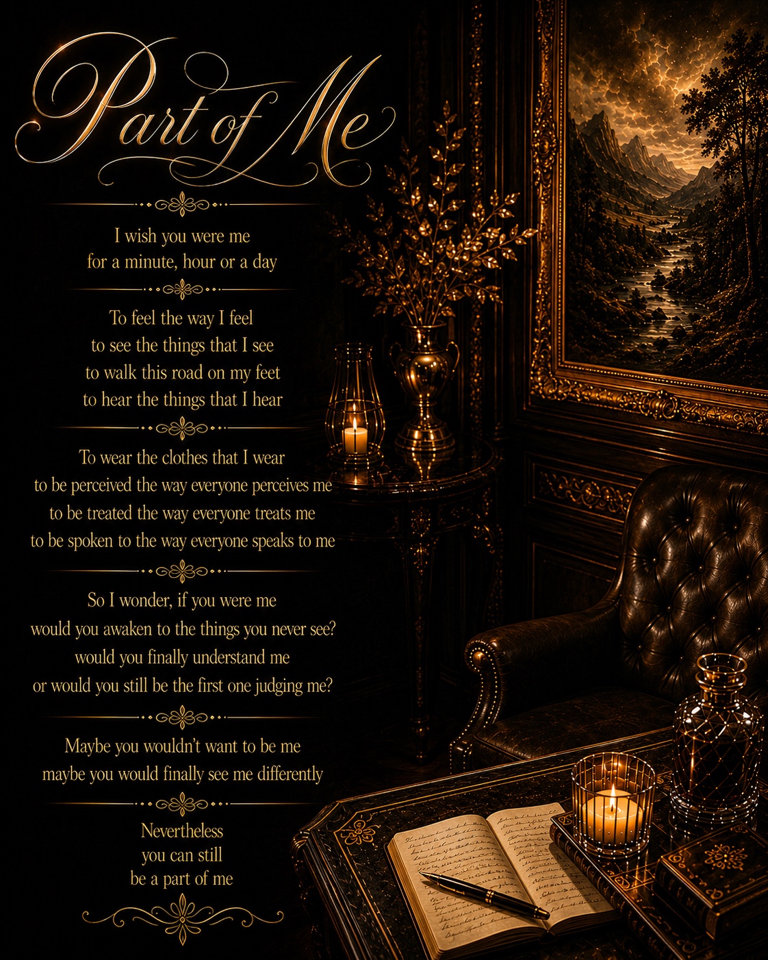 Part of Me reflective literary artwork in an old-world black and gold interior